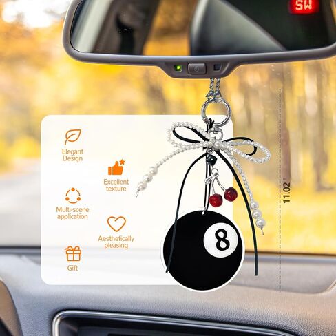 SuperKaKa Lucky 8 Ball Rearview Mirror Hanging Ornament, Car Accessories for Women, Cute Car Interior Decor Charm with Pearl Bow and Cherry Pendant, Rear View Mirror Decorations, Auto Accessories in Saudi Arabia