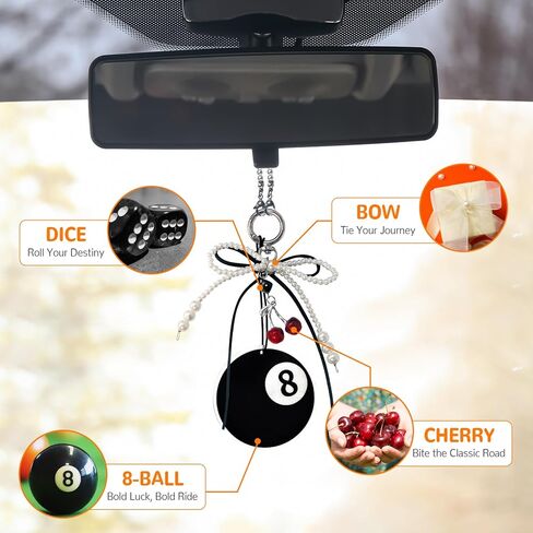 SuperKaKa Lucky 8 Ball Rearview Mirror Hanging Ornament, Car Accessories for Women, Cute Car Interior Decor Charm with Pearl Bow and Cherry Pendant, Rear View Mirror Decorations, Auto Accessories in Saudi Arabia