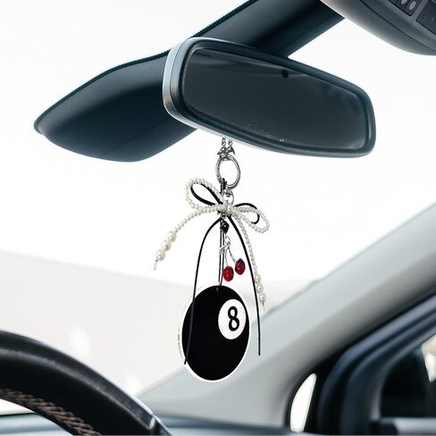 SuperKaKa Lucky 8 Ball Rearview Mirror Hanging Ornament, Car Accessories for Women, Cute Car Interior Decor Charm with Pearl Bow and Cherry Pendant, Rear View Mirror Decorations, Auto Accessories in Saudi Arabia