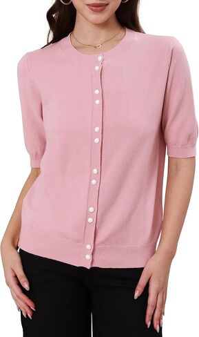 Allegra K Women's Button Down Cardigan Knit Sweater Lightweight Crew Neck Puff Short Sleeve Casual Cardigans in Saudi Arabia