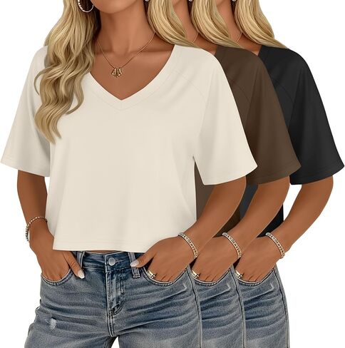 3 Pack Women's Cropped Tops V Neck Half Sleeve Crop T-Shirts Raglan Sleeve Loose Fit Casual Summer Basic Tees in Saudi Arabia