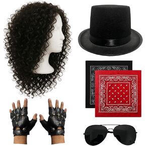 مجموعة أزياء Rockstar للبالغين - شعر مستعار أفرو، وقبعة، وقفازات للمفاصل، وباندانا حمراء وسوداء، ونظارات شمسية للهالوين، والحفلات التنكرية، والمناسبات التنكرية، وأزياء الثمانينيات in Kuwait