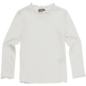 تيشيرت بناتي مضلع بأكمام طويلة ورقبة وهمية مع حافة مكشكشة، تي شيرت مرن ناعم قابل للتمدد بياقة مكشكشة in Kuwait