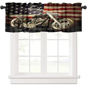 الرجعية دراجة نارية الستارة الستارة لكهف الرجل، خمر علم الولايات المتحدة الأمريكية أنيق وطني راكب الدراجة النارية دراجة نارية ديكور نافذة العلاجات، قضيب جيب الستارة للصبي في سن المراهقة غرفة نوم المطبخ، 54x18in 1P in Kuwait