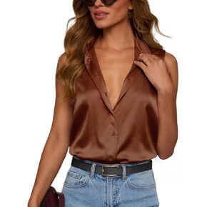 Womens Satin Button Down Shirts Sleeveless Silk Work Blouses Dressy Casual Tank Tops in Saudi Arabia