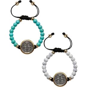 2Pcs Saint Benedict Medal Bracelets with Natural Pearls for Women Men, Saint Benedict Medal Gifts in Kuwait