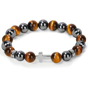 سوار متقاطع للرجال، سوار خرز مسيحي مرن قابل للتعديل، حجر طبيعي 10 مم، هدية للذكرى السنوية، عيد الميلاد، عيد الشكر، حجر هاوليت/خريطة/عرق أزرق/ندفة الثلج سبج/العقيق الأسود/عين النمر/الهيماتيت in Kuwait