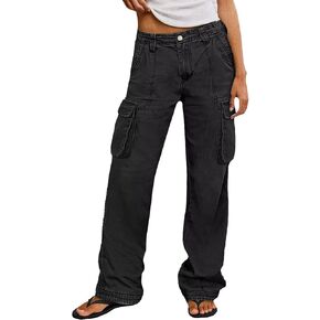 Flamingals Wide Straight Leg Cargo Pants for Women Mid Waist High Stretchy Vintage Solid Multi Flap Pocket Long Work Pants in Kuwait