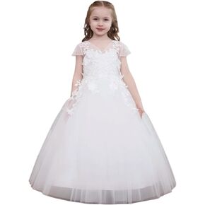 فستان رسمي للفتيات من ABAO SISTER مصنوع من الدانتيل الأبيض مزين بالزهور من التول ورقبة على شكل حرف V in Kuwait