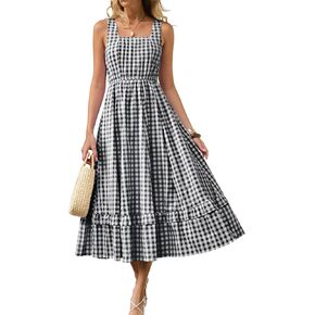 Caracilia Womens Summer Casual Gingham Plaid Midi Dress Sleeveless Square Neck Flowy Beach Vacation Sundress with Pockets in Saudi Arabia