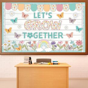 Spring Bulletin Board Decor Set Motivational Let's Grow Together Pastel Flower Butterfly Rainbow Classroom Cutout April Or May Bulletin Board for Back to School Home Nursery Chalkboard Wall Decor in Saudi Arabia