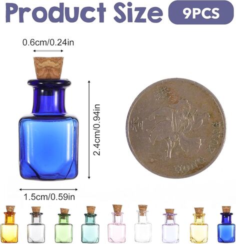 9 قطع زجاجات جرعة صغيرة ملونة، برطمانات زجاجية صغيرة مستطيلة 2 مل، برطمانات صغيرة مع سدادات من الفلين لتزيين حفلات الزفاف الممتعة in Kuwait