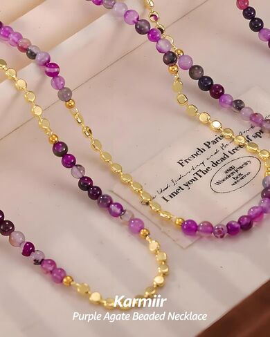 البوهيمي الأرجواني العقيق مباراة الذهب الخرز قلادة للنساء أنيقة الطبقات قلادة قابل للتعديل طول المجوهرات اليومية للنساء in Kuwait