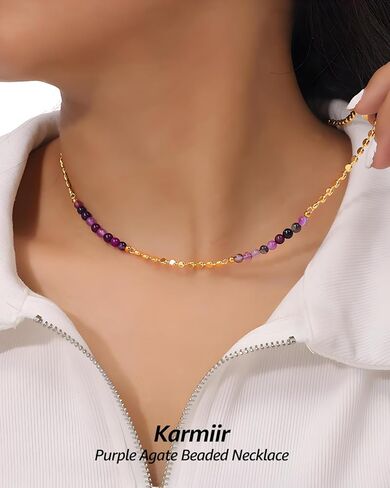 البوهيمي الأرجواني العقيق مباراة الذهب الخرز قلادة للنساء أنيقة الطبقات قلادة قابل للتعديل طول المجوهرات اليومية للنساء in Kuwait