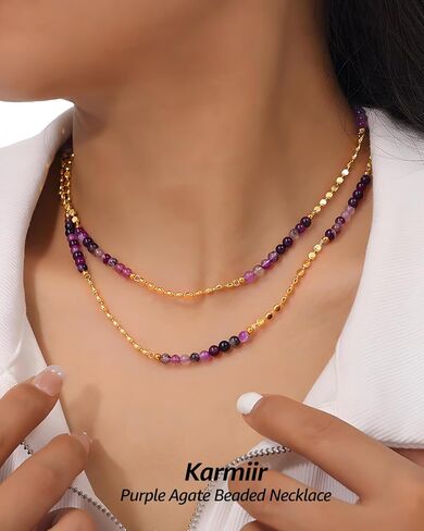 البوهيمي الأرجواني العقيق مباراة الذهب الخرز قلادة للنساء أنيقة الطبقات قلادة قابل للتعديل طول المجوهرات اليومية للنساء in Kuwait