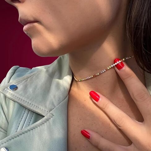 Tennis Necklaces for Women 3MM Tennis Wedding Necklace 18K Gold Plated Cubic Zirconia Gemstone Necklace Colorful Rainbow Crystal CZ Necklaces Sparkly Moissanite Jewelry Gifts Trendy Stuff in Saudi Arabia