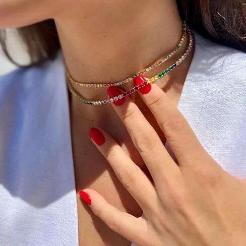 Tennis Necklaces for Women 3MM Tennis Wedding Necklace 18K Gold Plated Cubic Zirconia Gemstone Necklace Colorful Rainbow Crystal CZ Necklaces Sparkly Moissanite Jewelry Gifts Trendy Stuff in Saudi Arabia