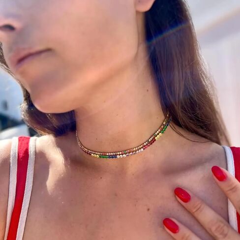 Tennis Necklaces for Women 3MM Tennis Wedding Necklace 18K Gold Plated Cubic Zirconia Gemstone Necklace Colorful Rainbow Crystal CZ Necklaces Sparkly Moissanite Jewelry Gifts Trendy Stuff in Saudi Arabia