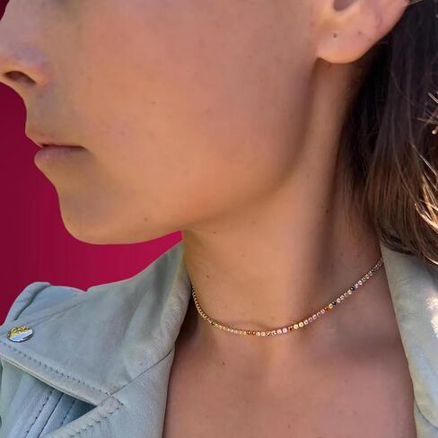 Tennis Necklaces for Women 3MM Tennis Wedding Necklace 18K Gold Plated Cubic Zirconia Gemstone Necklace Colorful Rainbow Crystal CZ Necklaces Sparkly Moissanite Jewelry Gifts Trendy Stuff in Saudi Arabia