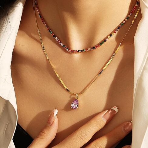 Tennis Necklaces for Women 3MM Tennis Wedding Necklace 18K Gold Plated Cubic Zirconia Gemstone Necklace Colorful Rainbow Crystal CZ Necklaces Sparkly Moissanite Jewelry Gifts Trendy Stuff in Saudi Arabia