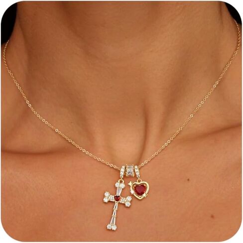 Cross Necklace for Women Non Tarnish Chunky Heart Necklace Dainty Christian CZ Necklaces Easter Gifts for Her Faith Catholic Jewelry in Kuwait