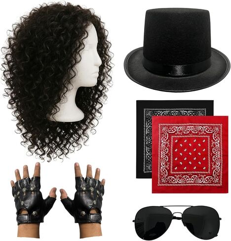 مجموعة أزياء Rockstar للبالغين - شعر مستعار أفرو، وقبعة، وقفازات للمفاصل، وباندانا حمراء وسوداء، ونظارات شمسية للهالوين، والحفلات التنكرية، والمناسبات التنكرية، وأزياء الثمانينيات in Kuwait