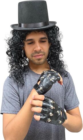 مجموعة أزياء Rockstar للبالغين - شعر مستعار أفرو، وقبعة، وقفازات للمفاصل، وباندانا حمراء وسوداء، ونظارات شمسية للهالوين، والحفلات التنكرية، والمناسبات التنكرية، وأزياء الثمانينيات in Kuwait