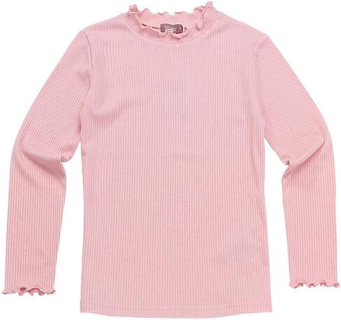 تيشيرت بناتي مضلع بأكمام طويلة ورقبة وهمية مع حافة مكشكشة، تي شيرت مرن ناعم قابل للتمدد بياقة مكشكشة in Kuwait