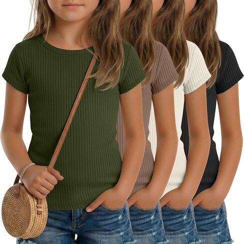 4 Pack Girl's Short Cap Sleeve Shirts Kids Crew Neck Tees Ribbed Knit Slim Fit T-Shirt Casual Basic Summer Tops in Saudi Arabia