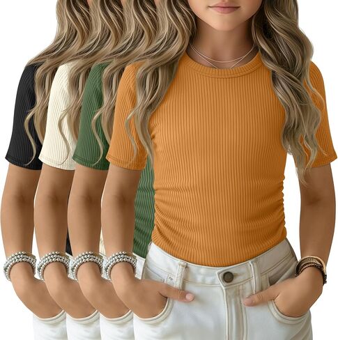 4 Pack Girls Short Sleeve Shirts Summer Ribbed Knit Ruched Tops Kids Slim Fit Casual Crewneck Basic Tees 5-14 Years in Saudi Arabia