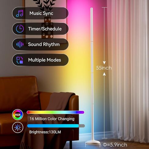 TJOY 2 حزمة مصابيح أرضية ذكية للإضاءة المحيطة، تصميم مفصل كريستال، ضوء زاوية LED حديث مع جهاز تحكم عن بعد وتطبيق، مزامنة الموسيقى، مصباح قائم متغير اللون للغرفة (أبيض، مادة بلاستيكية) in Kuwait