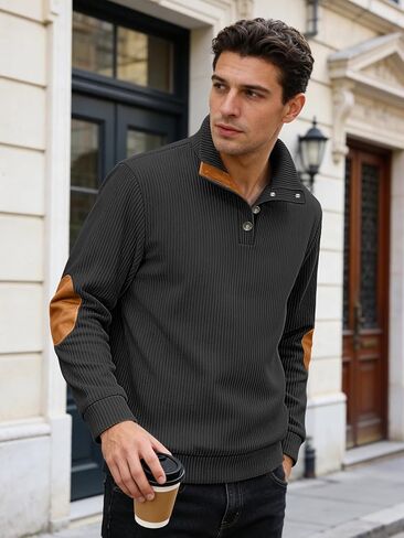 Mens Mock Neck Pullover Long Sleeve Button Down Shirt Ribbed Knit Top Casual Fit Layering Top for Daily Wear Work in Saudi Arabia
