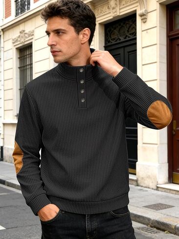 Mens Mock Neck Pullover Long Sleeve Button Down Shirt Ribbed Knit Top Casual Fit Layering Top for Daily Wear Work in Saudi Arabia