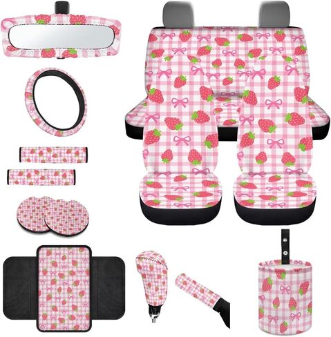 Strawberry Bowknot Print Car Seat Covers Full Set with Accessories Includes Steering Wheel Cover Armrest Cushion Safety Belt Pads Inside Rearview Mirror Cover Garbage Bag Cup Mats in Saudi Arabia