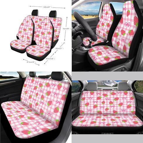 Strawberry Bowknot Print Car Seat Covers Full Set with Accessories Includes Steering Wheel Cover Armrest Cushion Safety Belt Pads Inside Rearview Mirror Cover Garbage Bag Cup Mats in Saudi Arabia