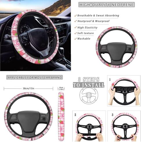 Strawberry Bowknot Print Car Seat Covers Full Set with Accessories Includes Steering Wheel Cover Armrest Cushion Safety Belt Pads Inside Rearview Mirror Cover Garbage Bag Cup Mats in Saudi Arabia