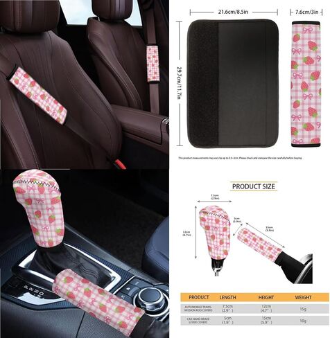 Strawberry Bowknot Print Car Seat Covers Full Set with Accessories Includes Steering Wheel Cover Armrest Cushion Safety Belt Pads Inside Rearview Mirror Cover Garbage Bag Cup Mats in Saudi Arabia