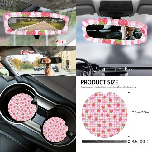 Strawberry Bowknot Print Car Seat Covers Full Set with Accessories Includes Steering Wheel Cover Armrest Cushion Safety Belt Pads Inside Rearview Mirror Cover Garbage Bag Cup Mats in Saudi Arabia