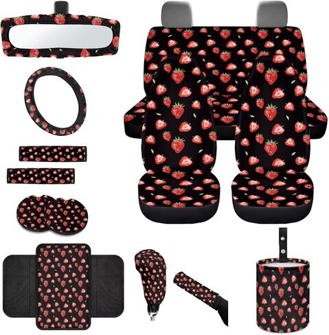 Strawberry Bowknot Print Car Seat Covers Full Set with Accessories Includes Steering Wheel Cover Armrest Cushion Safety Belt Pads Inside Rearview Mirror Cover Garbage Bag Cup Mats in Saudi Arabia