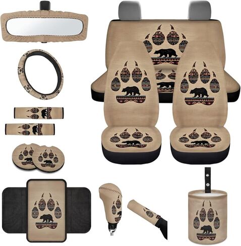 Strawberry Bowknot Print Car Seat Covers Full Set with Accessories Includes Steering Wheel Cover Armrest Cushion Safety Belt Pads Inside Rearview Mirror Cover Garbage Bag Cup Mats in Saudi Arabia