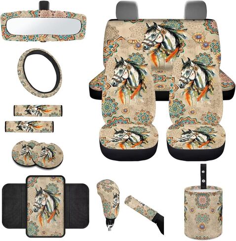 Strawberry Bowknot Print Car Seat Covers Full Set with Accessories Includes Steering Wheel Cover Armrest Cushion Safety Belt Pads Inside Rearview Mirror Cover Garbage Bag Cup Mats in Saudi Arabia