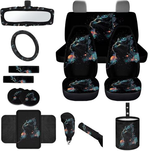 Strawberry Bowknot Print Car Seat Covers Full Set with Accessories Includes Steering Wheel Cover Armrest Cushion Safety Belt Pads Inside Rearview Mirror Cover Garbage Bag Cup Mats in Saudi Arabia