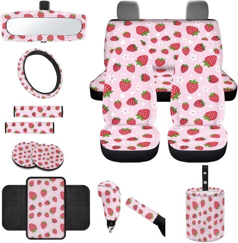 Strawberry Bowknot Print Car Seat Covers Full Set with Accessories Includes Steering Wheel Cover Armrest Cushion Safety Belt Pads Inside Rearview Mirror Cover Garbage Bag Cup Mats in Saudi Arabia