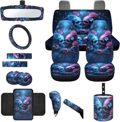 Strawberry Bowknot Print Car Seat Covers Full Set with Accessories Includes Steering Wheel Cover Armrest Cushion Safety Belt Pads Inside Rearview Mirror Cover Garbage Bag Cup Mats in Saudi Arabia