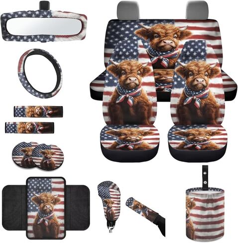 Strawberry Bowknot Print Car Seat Covers Full Set with Accessories Includes Steering Wheel Cover Armrest Cushion Safety Belt Pads Inside Rearview Mirror Cover Garbage Bag Cup Mats in Saudi Arabia