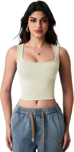 Women’s Ribbed Square Neck Crop Top Slim Fit Sleeveless Tank Top for Casual and Workout Wear in Saudi Arabia