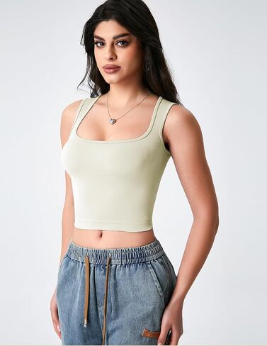 Women’s Ribbed Square Neck Crop Top Slim Fit Sleeveless Tank Top for Casual and Workout Wear in Saudi Arabia