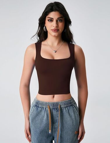 Women’s Ribbed Square Neck Crop Top Slim Fit Sleeveless Tank Top for Casual and Workout Wear in Saudi Arabia