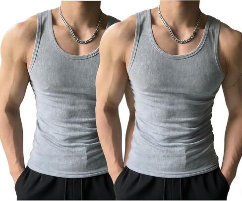 2 Pack Mens Tank Tops Breathable Workout Shirts Elastic Ribbed Soft Sleeveless Muscle Bodybuilding Undershirt Gym Sport in Saudi Arabia