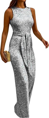 بدلة GORIFE النسائية العصرية ذات الرقبة المستديرة والترتر، بدلة قفز واسعة الساق بحزام لامع من قطعة واحدة in Kuwait
